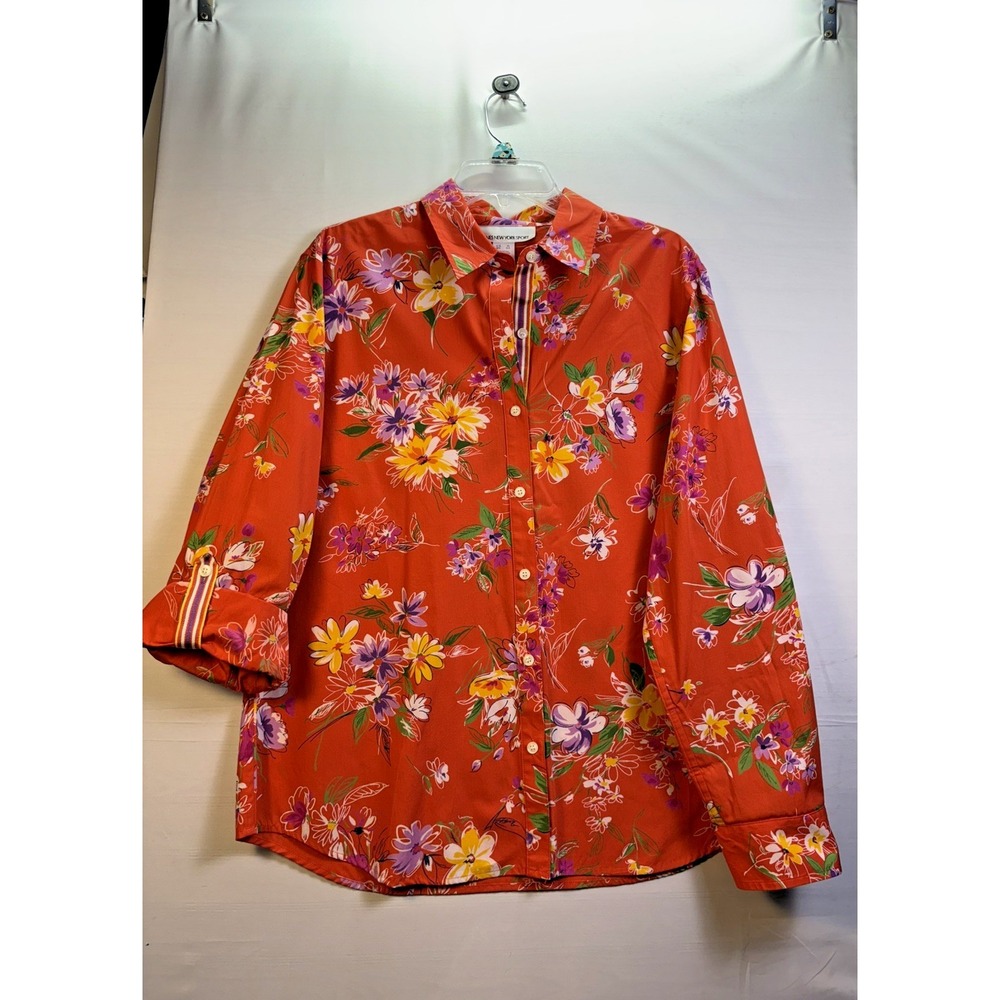 Jones New York Sport Women Button Front Blouse Orange Floral Roll Tab XL